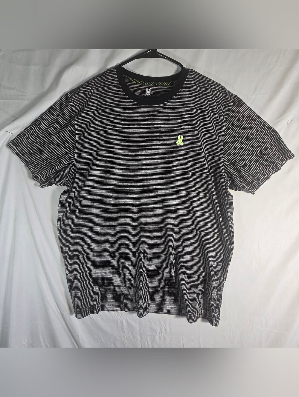 Psycho Bunny Black & White Striped Short Sleeve Tee with Neon Logo